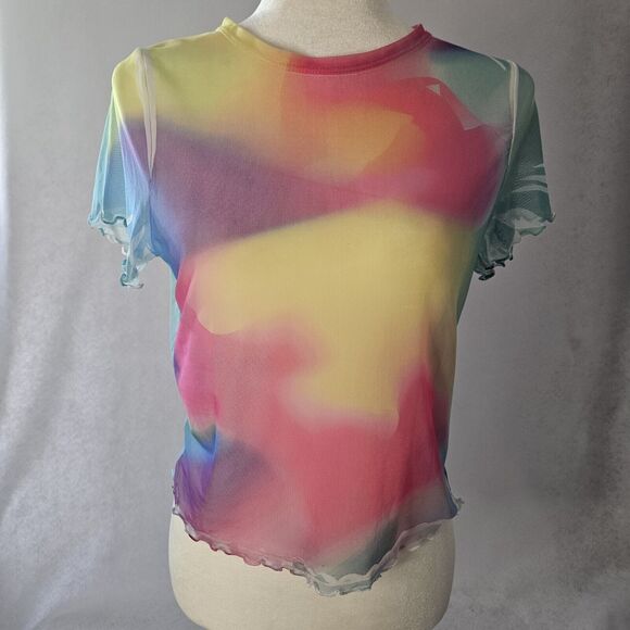 Y2K Scotty Rainbow Sheer Tie Dye Rave Shirt Sz M Festival - Picture 1 of 5
